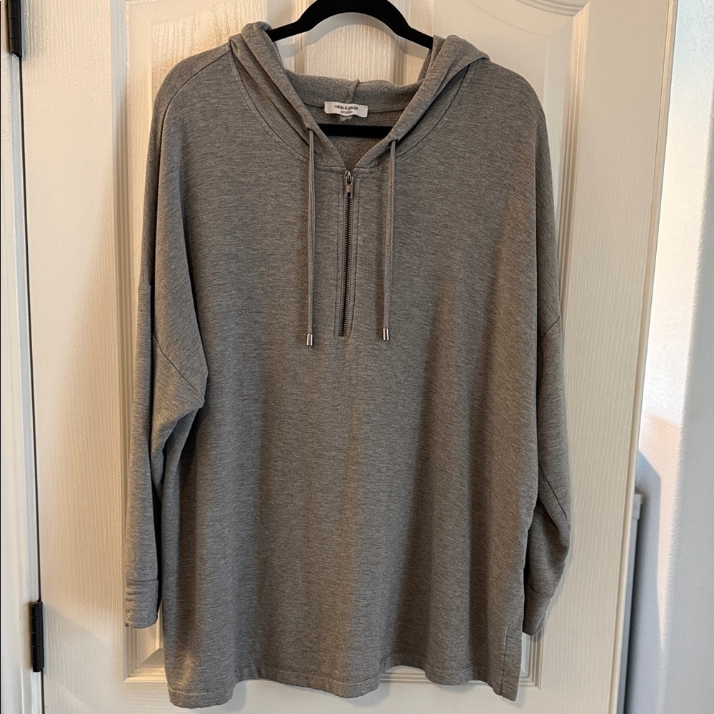 Cable & Gauge women's lightweight hooded quarter-zip sweatshirt.
